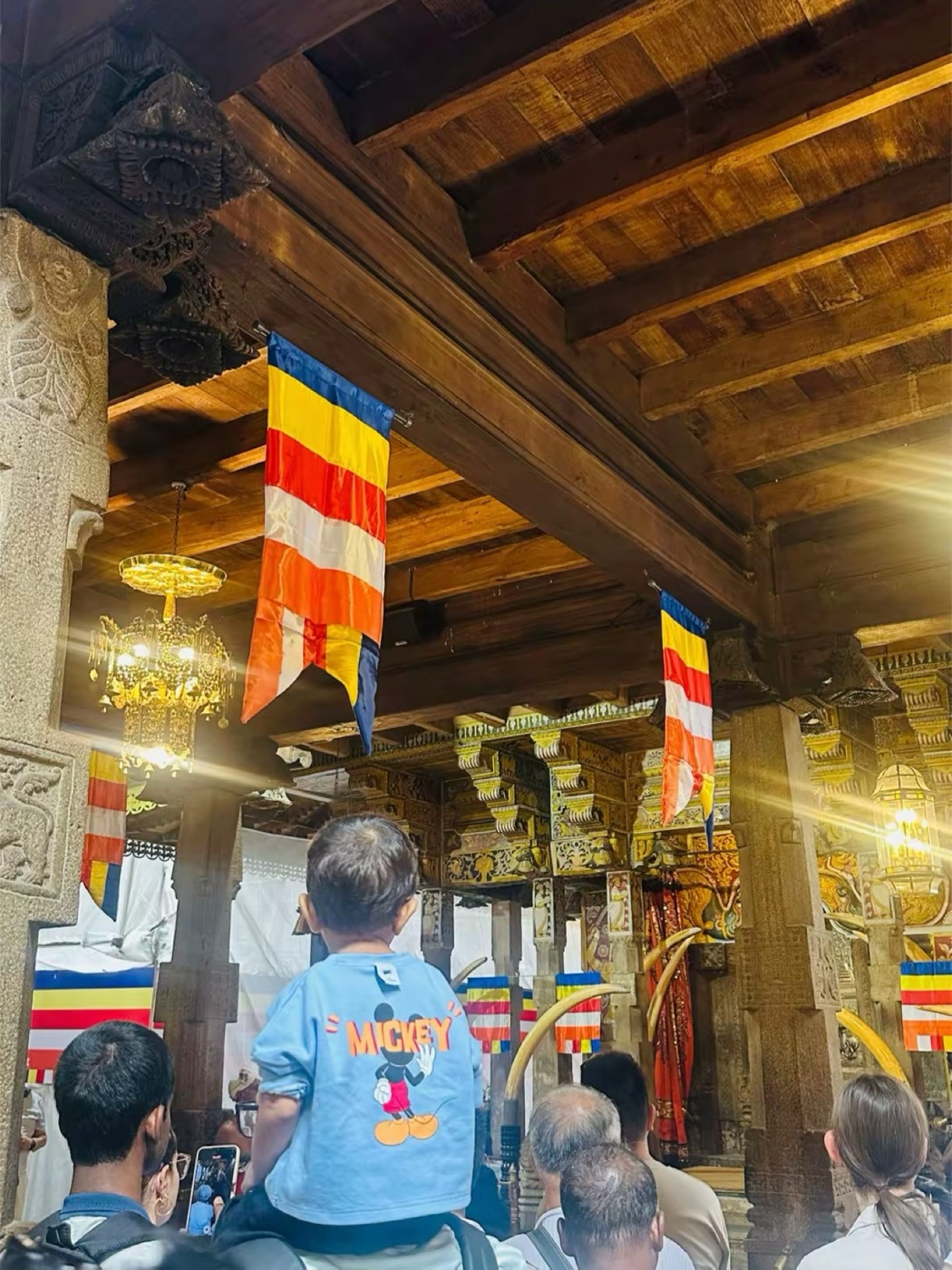 Buddhist flags inside a temple hall