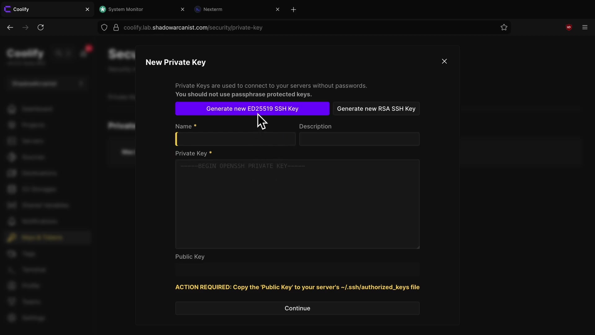 Screenshot: Generating Private Key in Coolify