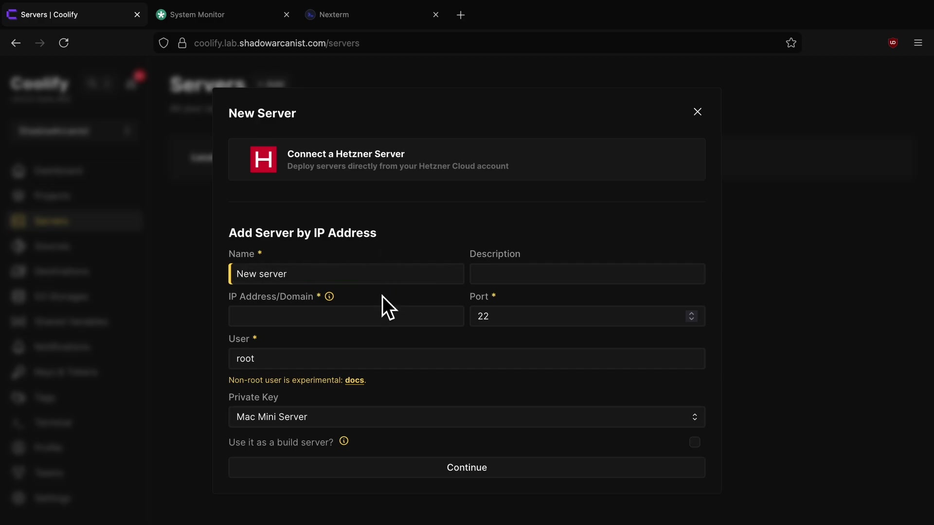 Screenshot: Adding Server Details in Coolify