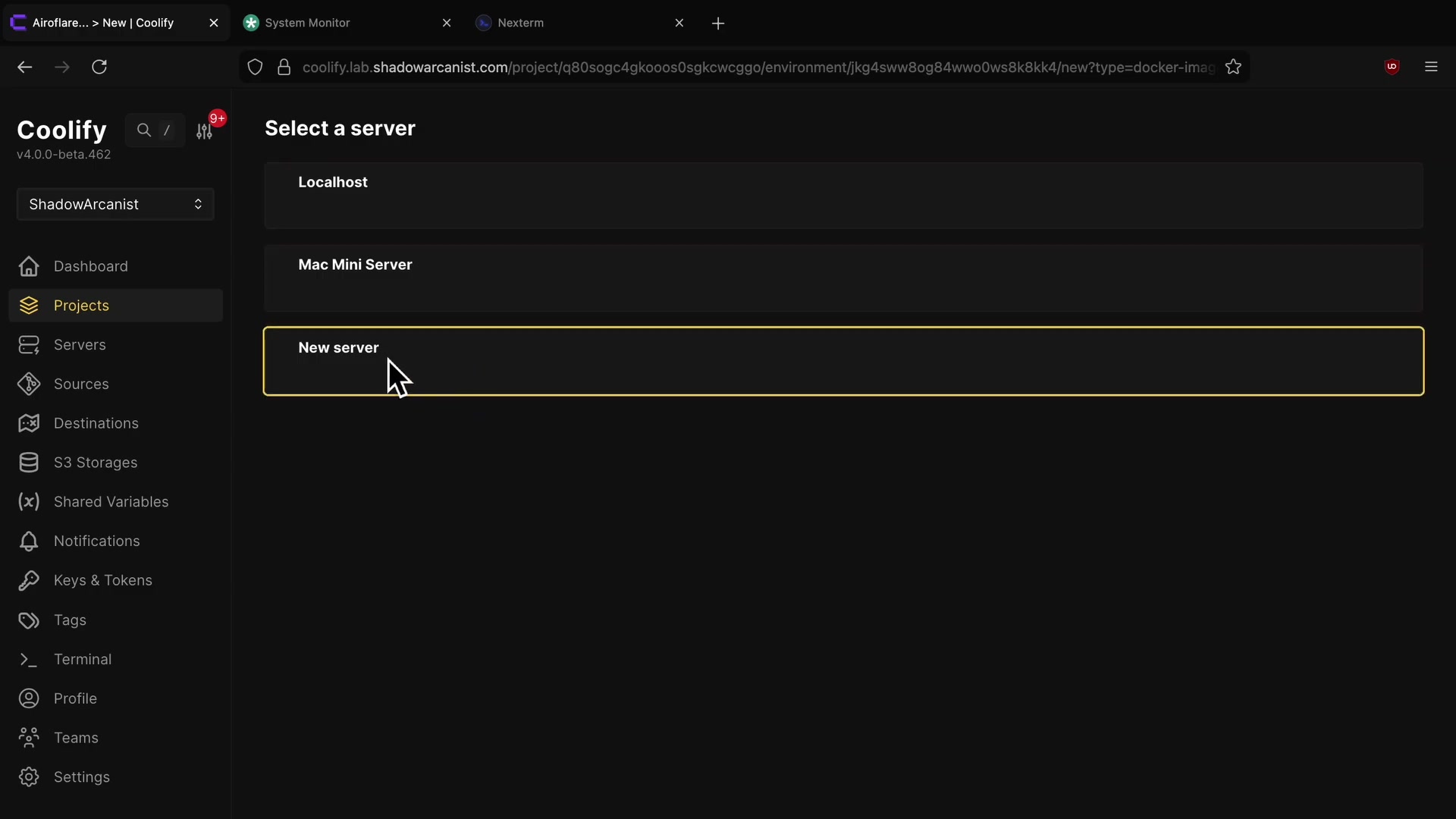 Screenshot: Selecting Target Server for Deployment