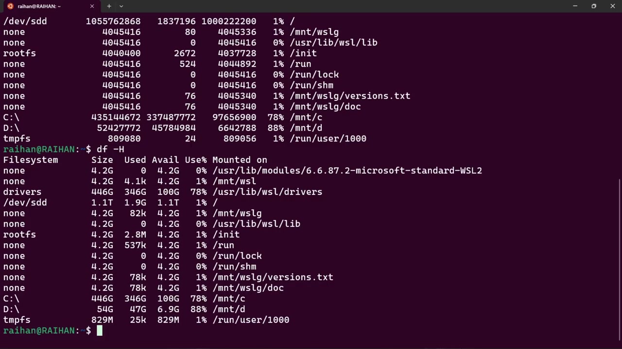 Screenshot: df disk usage metrics
