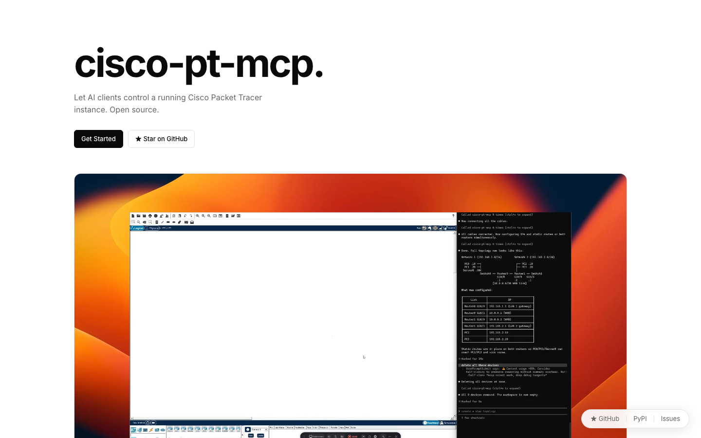 AI Network Labs — The upstream cisco-pt-mcp documentation site — an AI client driving a live Packet Tracer session