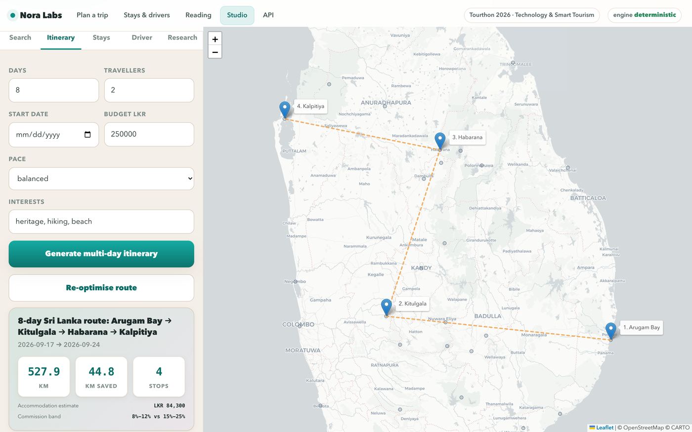 Nora Labs — Operator studio — multi-day itinerary with route optimisation