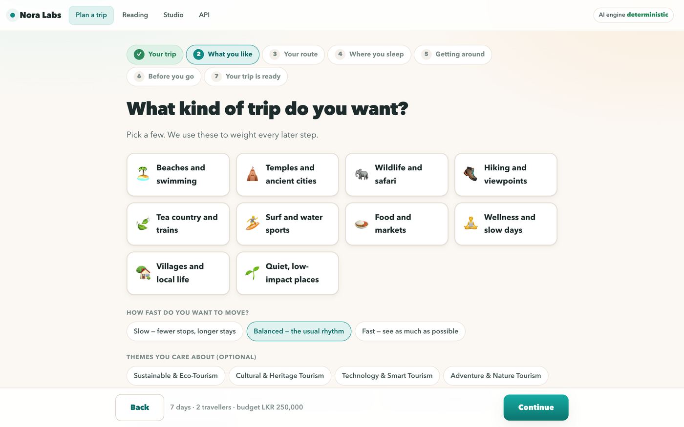 Nora Labs — Wizard step 2 — travel taste