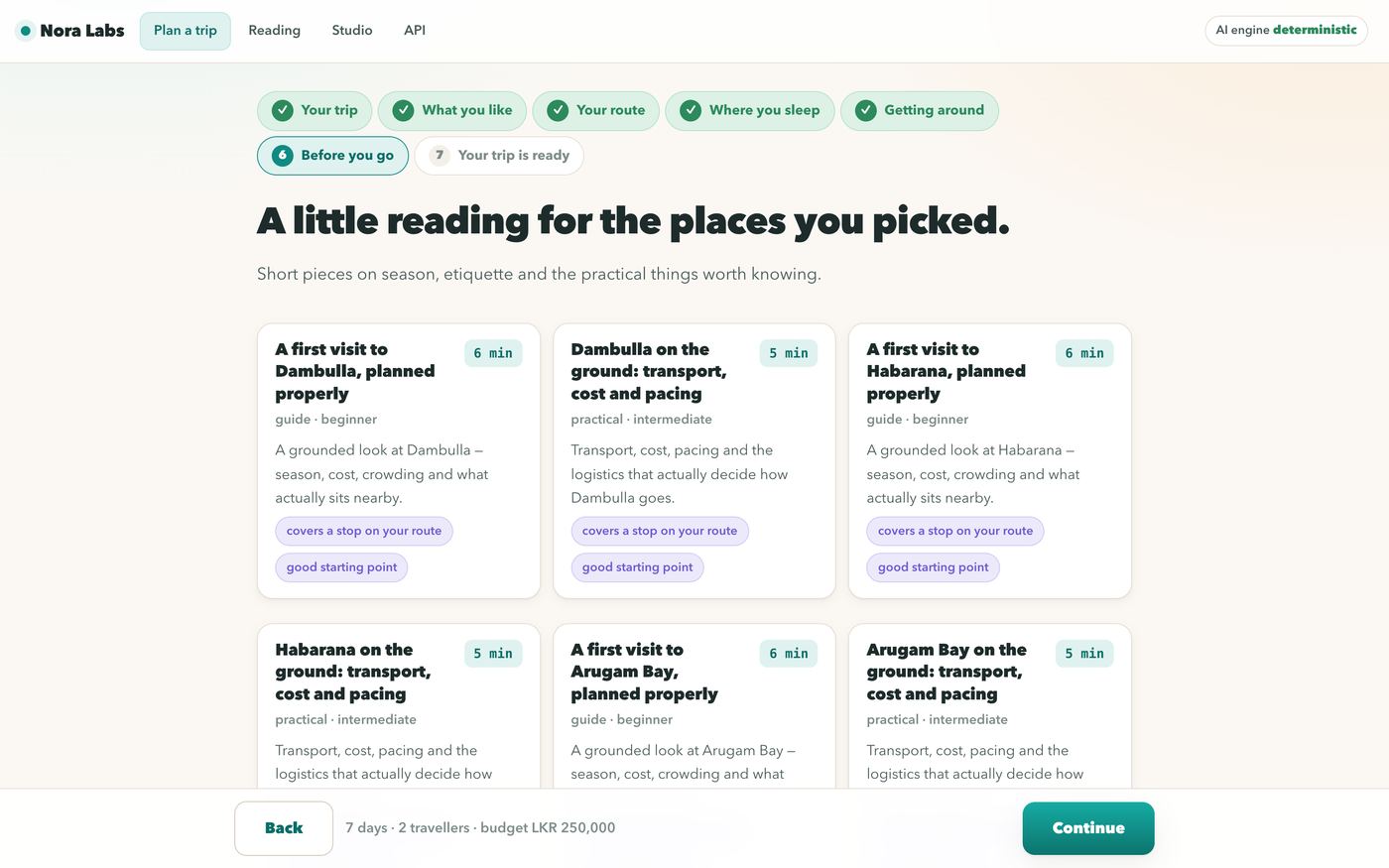 Wizard step 6 — reading for the trip