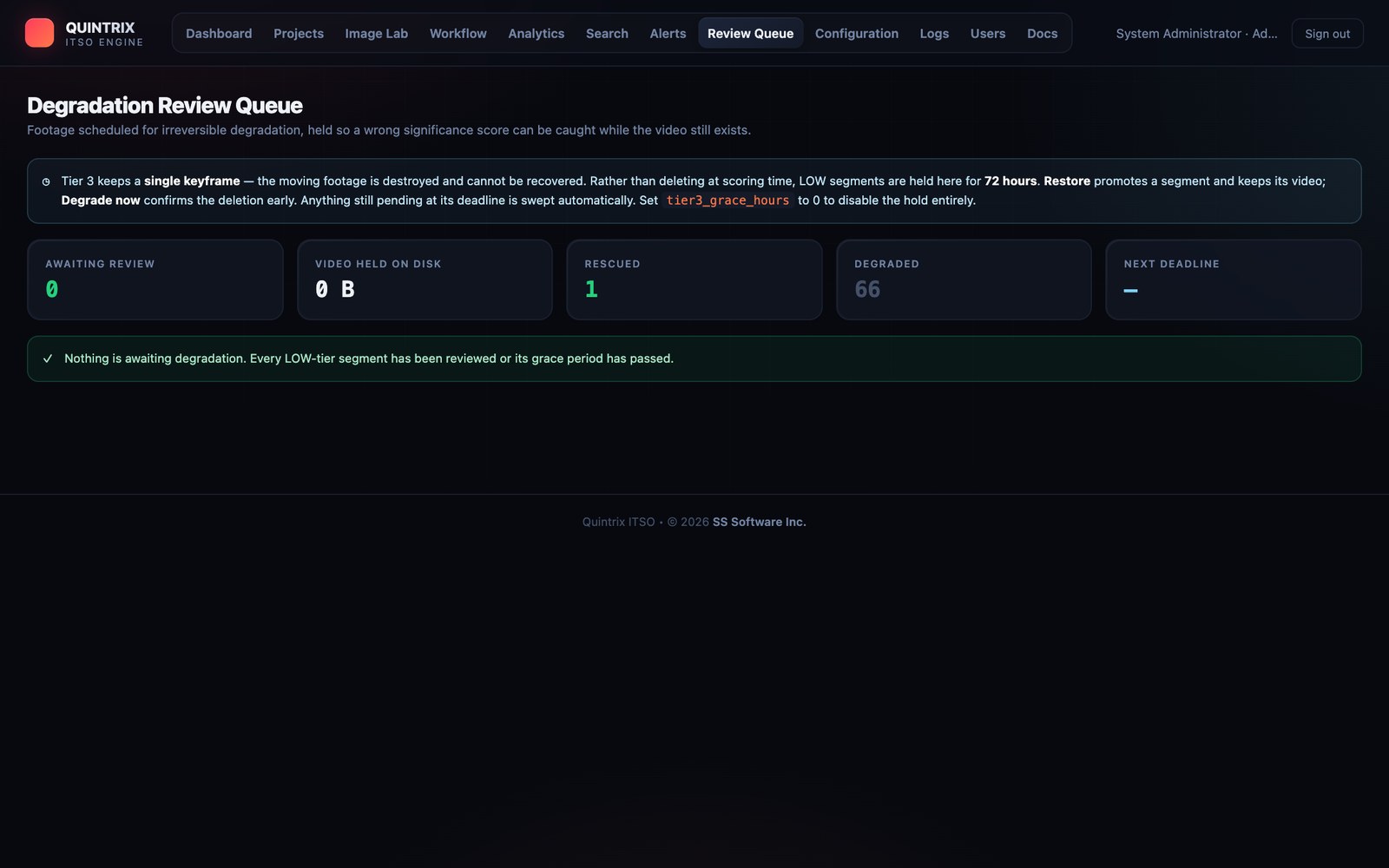 Degradation review queue: a 72-hour grace period before irreversible LOW-tier deletion