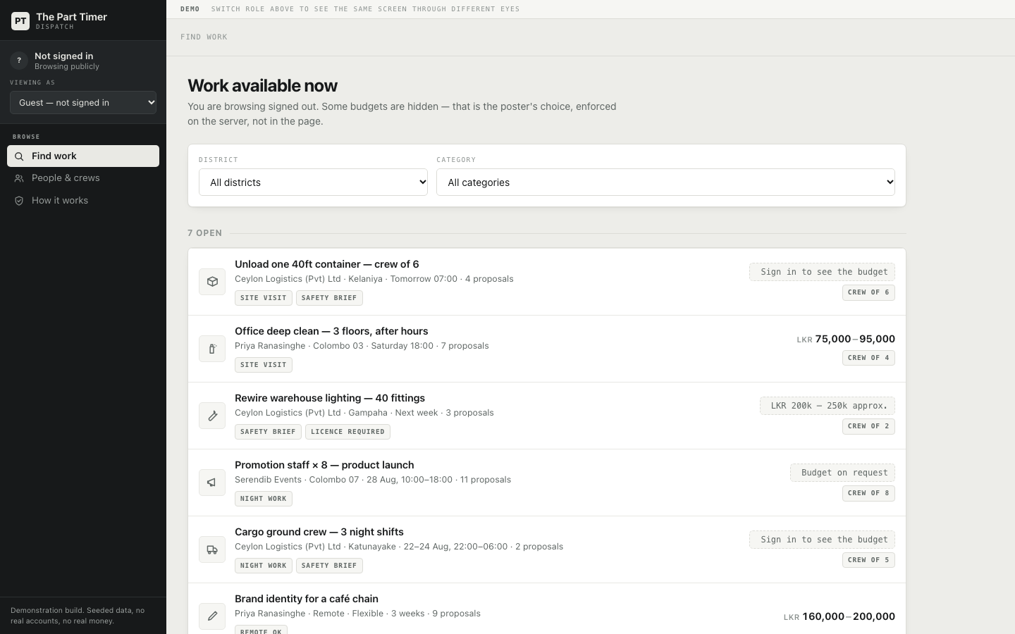 The Part Timer — Marketplace prototype — open jobs feed with masked budgets