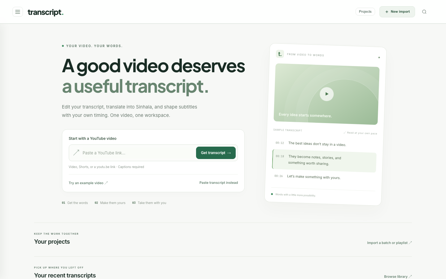 Transcript Maker — Transcript workspace — paste a YouTube link to start