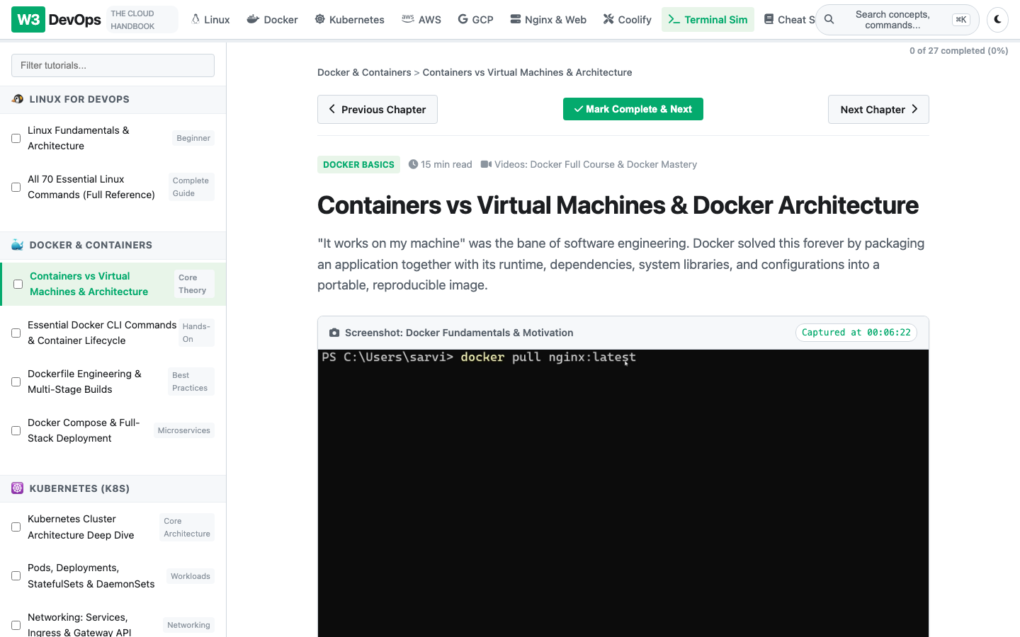 W3DevOps — Docker chapter with real terminal capture